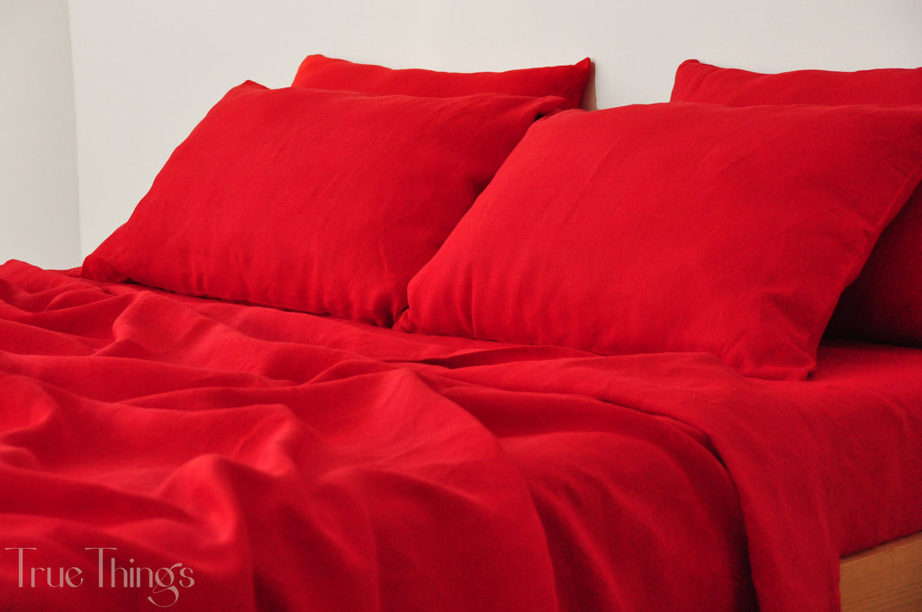 READY TO SHIP Scarlet red linen fitted sheet Queen size fitted sheet Softened linen sheet Stonewashed linen Linen bedsheet