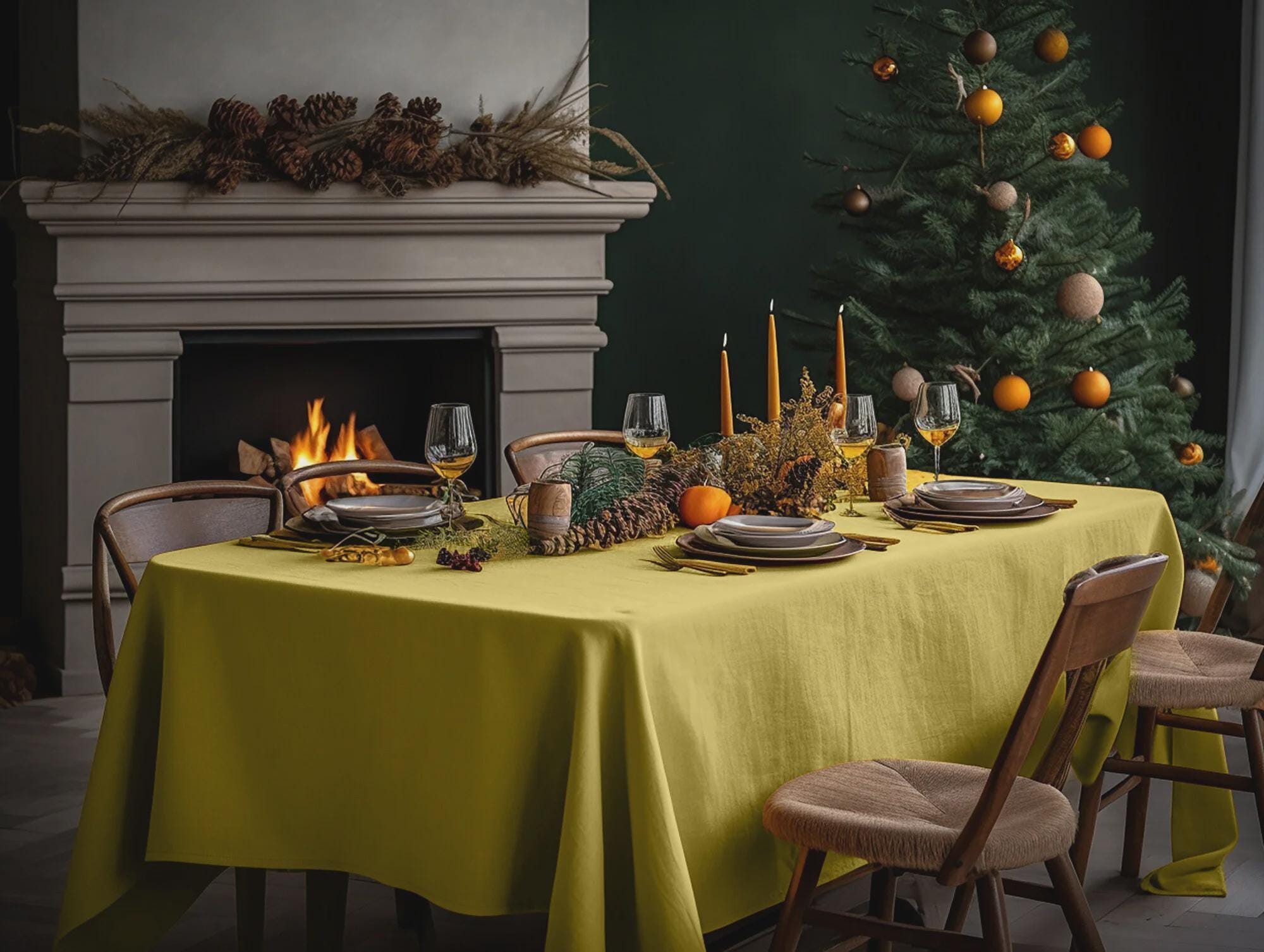 REАDY TO SHIP from Florida 1Turmeric rectangle linen tablecloth Christmas theme round square tablecloth Yellow rustic linen table cloth