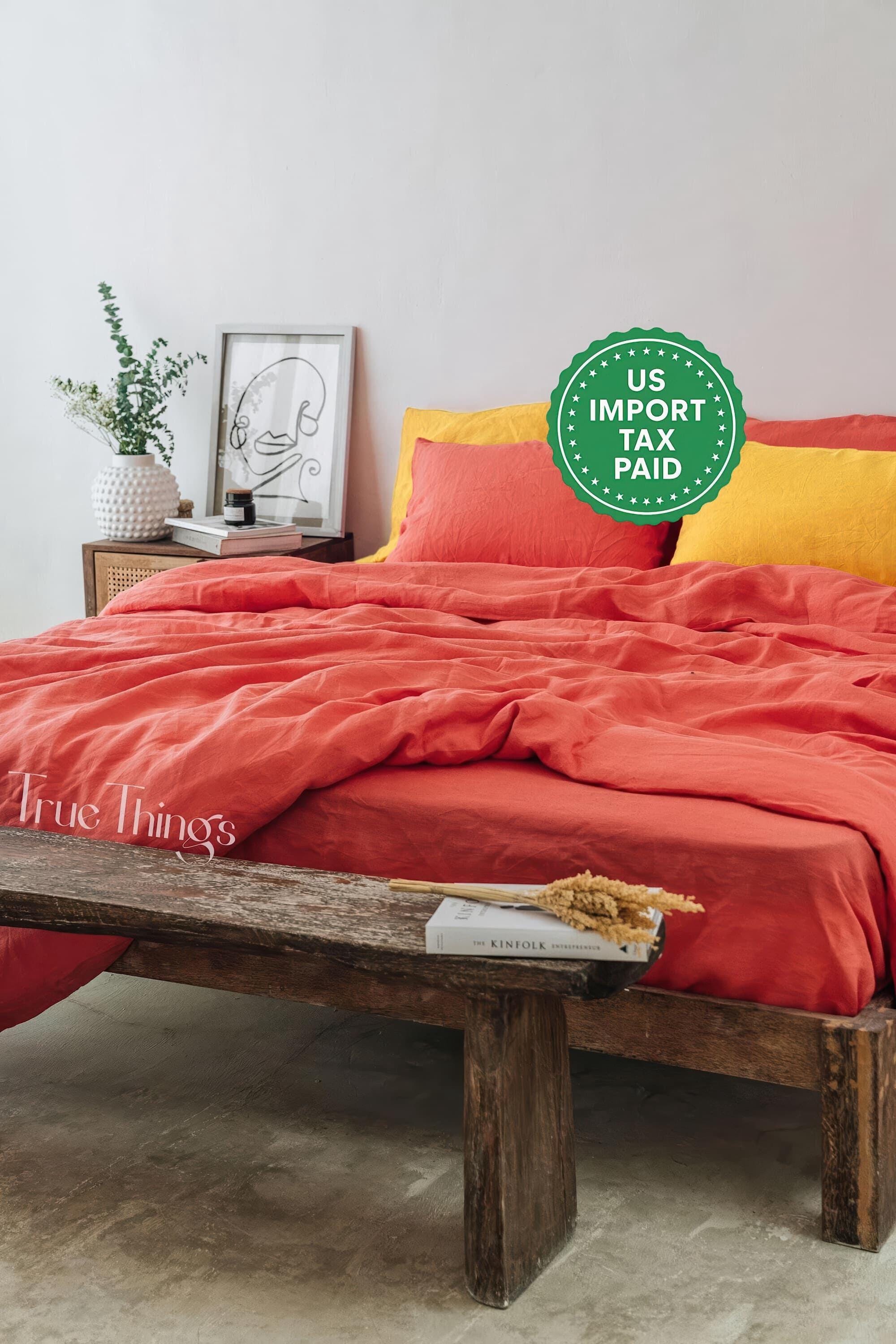 READY TO SHIP Coral Bright yellow dual-color linen pillowcase Coral pillow cover King Queen Standard Euro Decorative, Envelope closure
