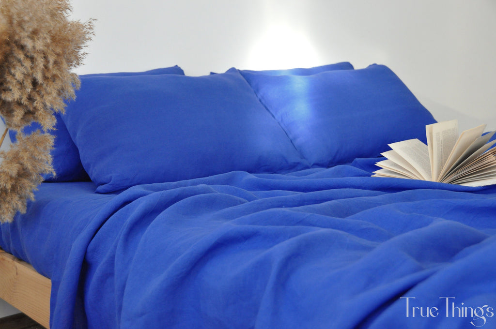 READY TO SHIP from Florida 1 Royal blue 1 flat sheet and 1 fitted sheet and 2 pillowcases Softened linen sheet Stonewashed linen