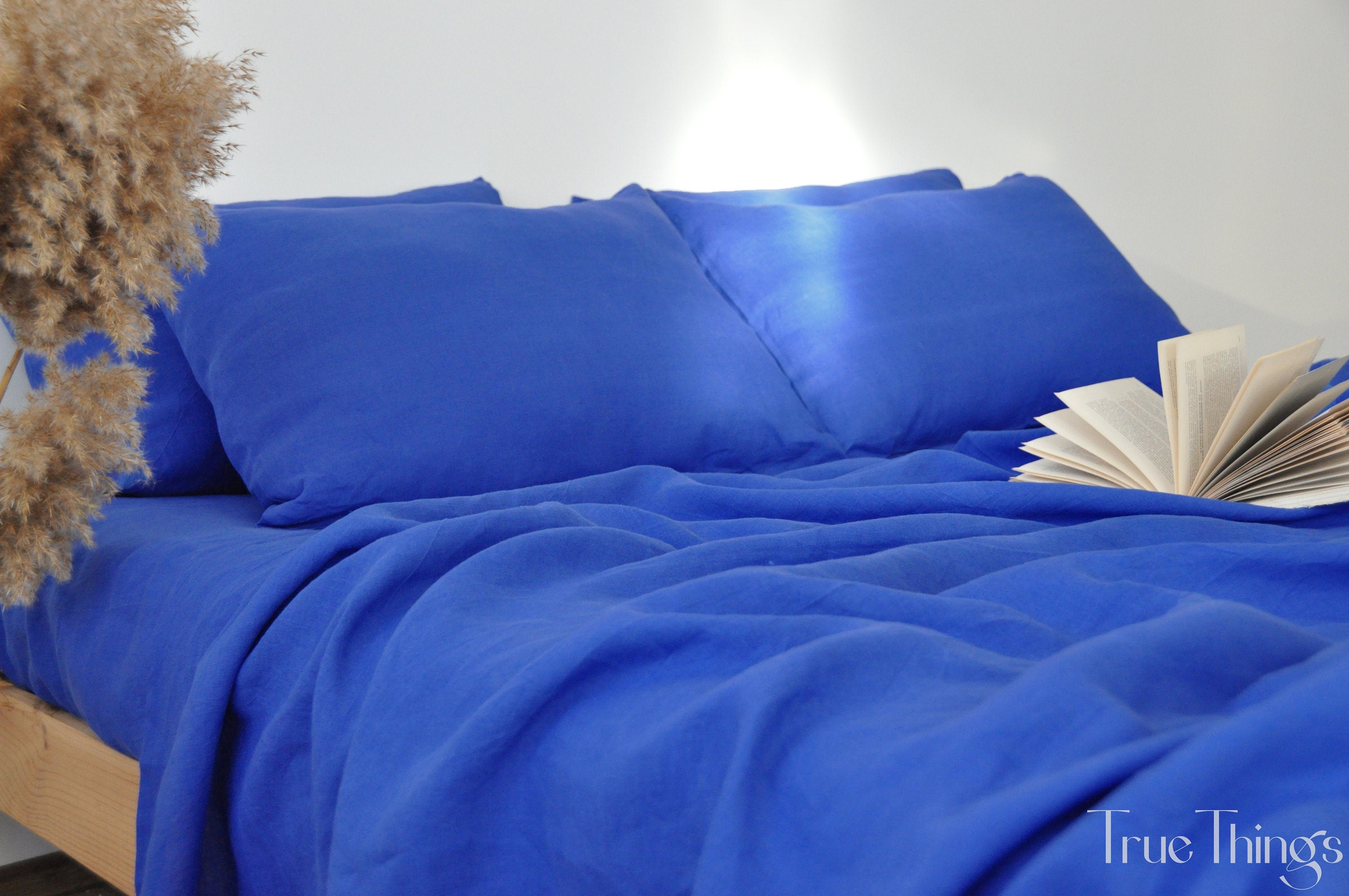 READY TO SHIP from Florida 1 Royal blue 1 flat sheet and 1 fitted sheet and 2 pillowcases Softened linen sheet Stonewashed linen