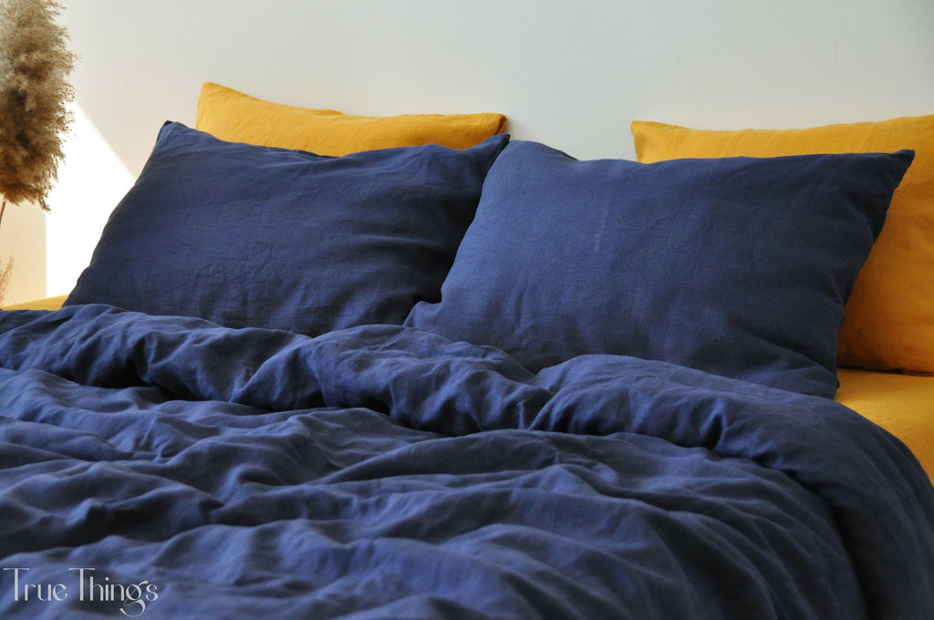 READY TO SHIP Indigo linen pillowcase 2 Dark blue pillow cover King Queen Standard Euro Decorative Lumbar, Custom size Envelope closure
