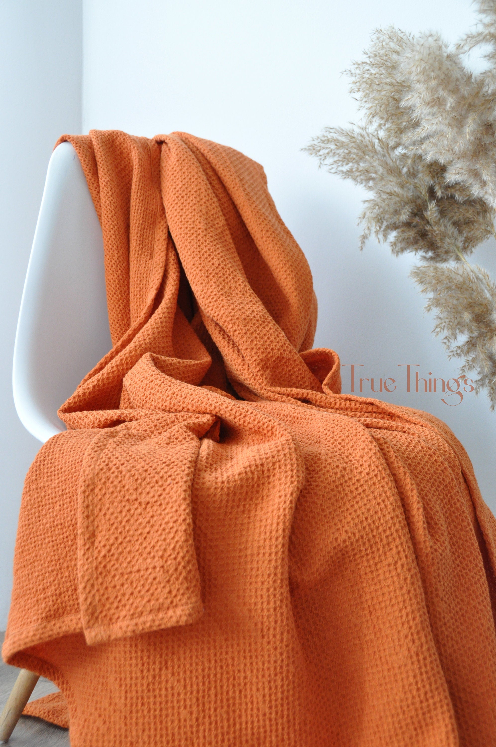 READY TO SHIP Rust waffle linen coverlet Softened linen Heavy weight TwinXL size orange bed cover