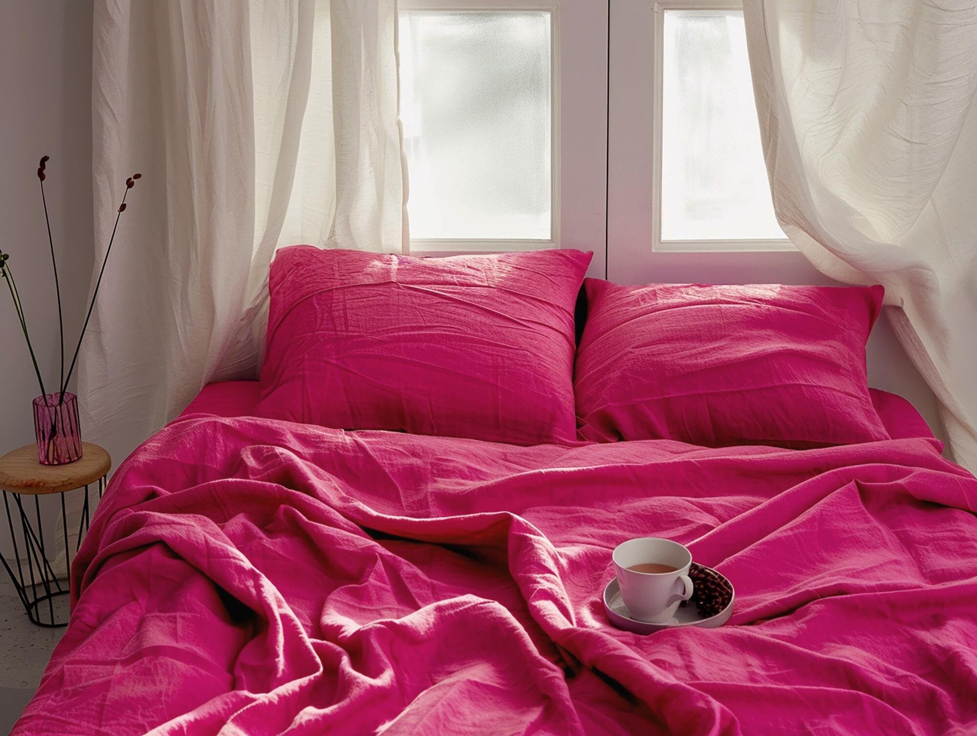 READY TO SHIP Fuchsia linen flat sheet 1 Flat sheet Softened linen sheet Stonewashed linen Pink linen bedsheet Farmhouse decor