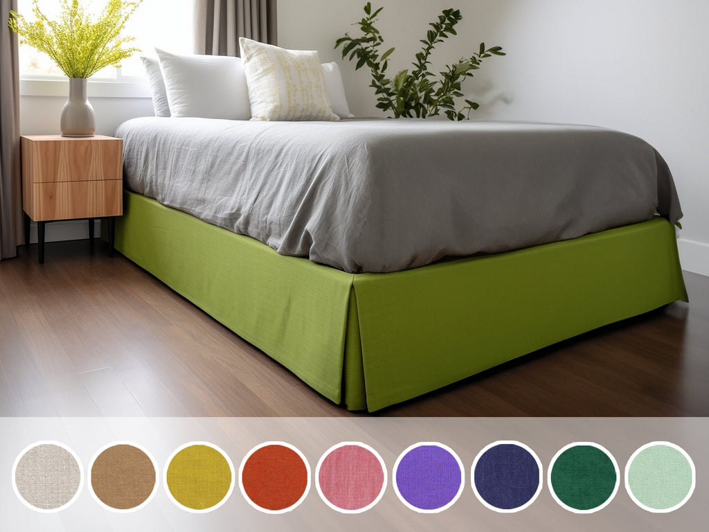READY TO SHIP Chartreuse green linen tailored bed skirt 1 Tailored bed skirt Stonewashed linen Wedding gift Queen King Double Split corners