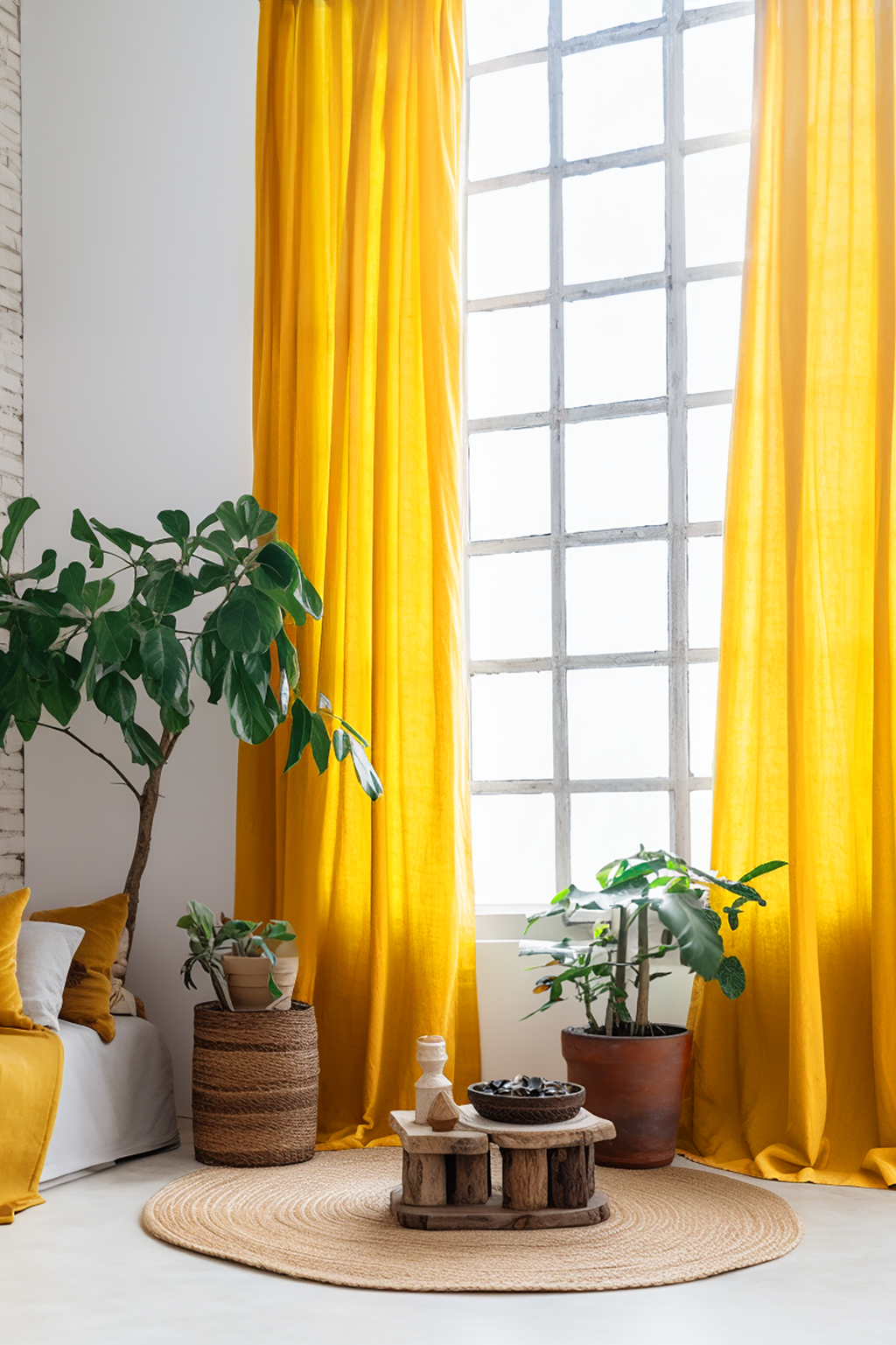 Bright yellow linen curtains
