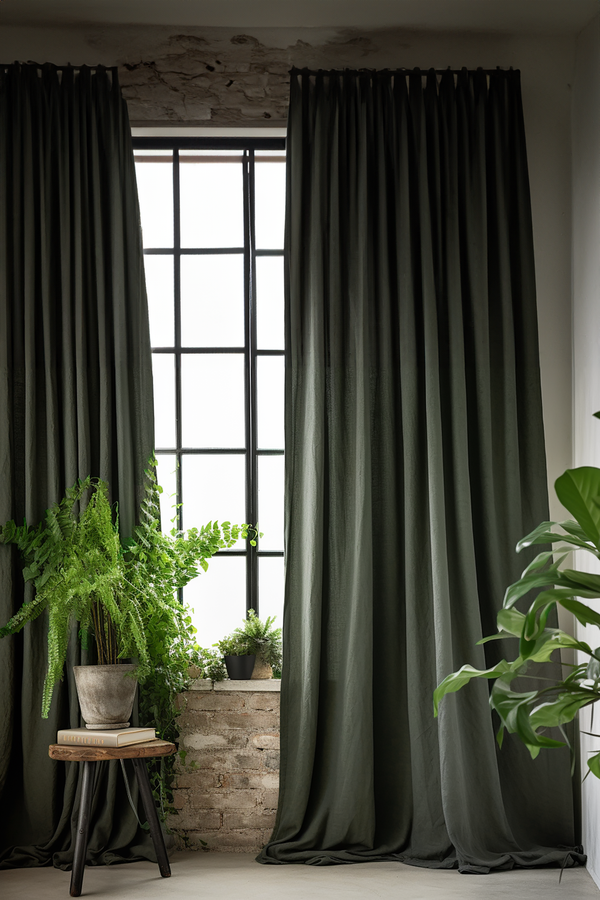 Charcoal green linen curtains