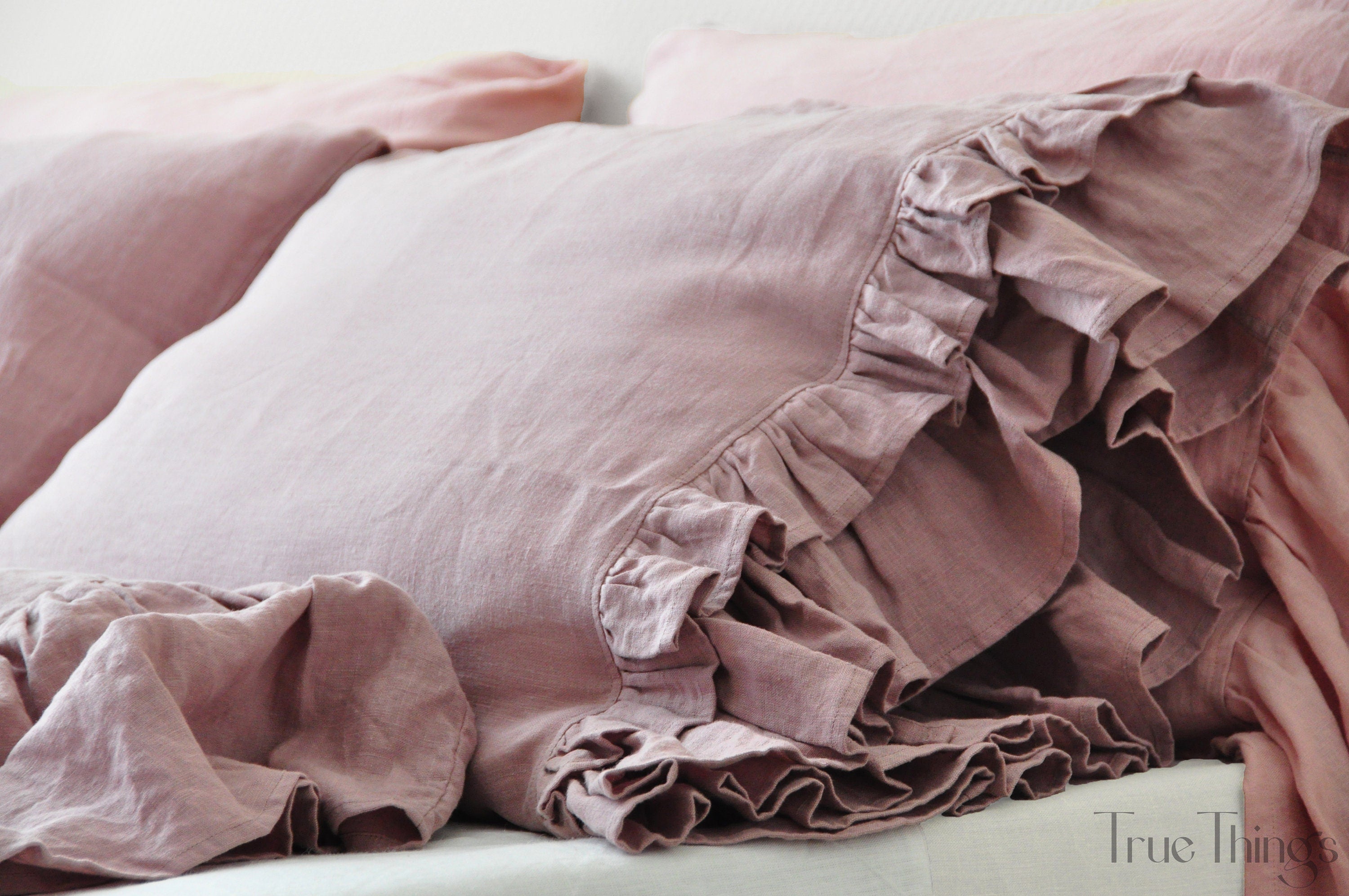 READY TO SHIP Woodrose linen pillowcase with double ruffles on one side Square size Ribbon ties closure