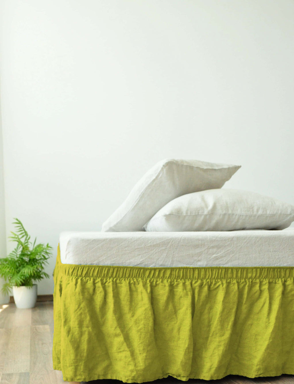 Chartreuse yellow linen wrap around bed skirt