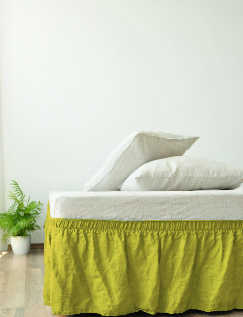 Chartreuse yellow linen tailored bed skirt