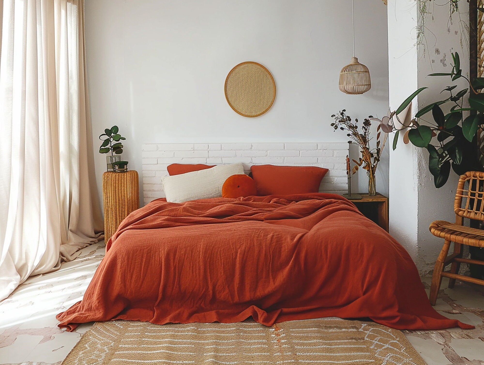 READY TO SHIP from Florida 1 Terracotta linen coverlet without filling Softened linen Medium weight Double Queen California King