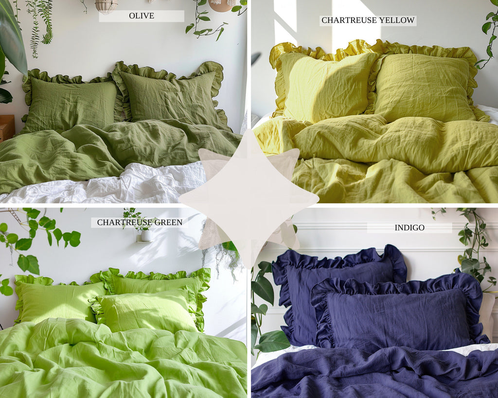 READY TO SHIP from Florida 2 Chartreuse yellow ruffled linen pillow cover Linen pillowcase with ruffles Standard Queen King