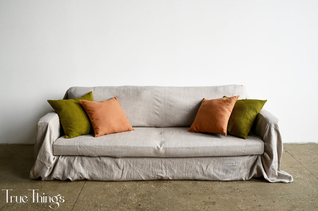 READY TO SHIP Undyed linen sofa slipcover Couch throw Softened linen drop cloth couch cover Eco friendly bedspread