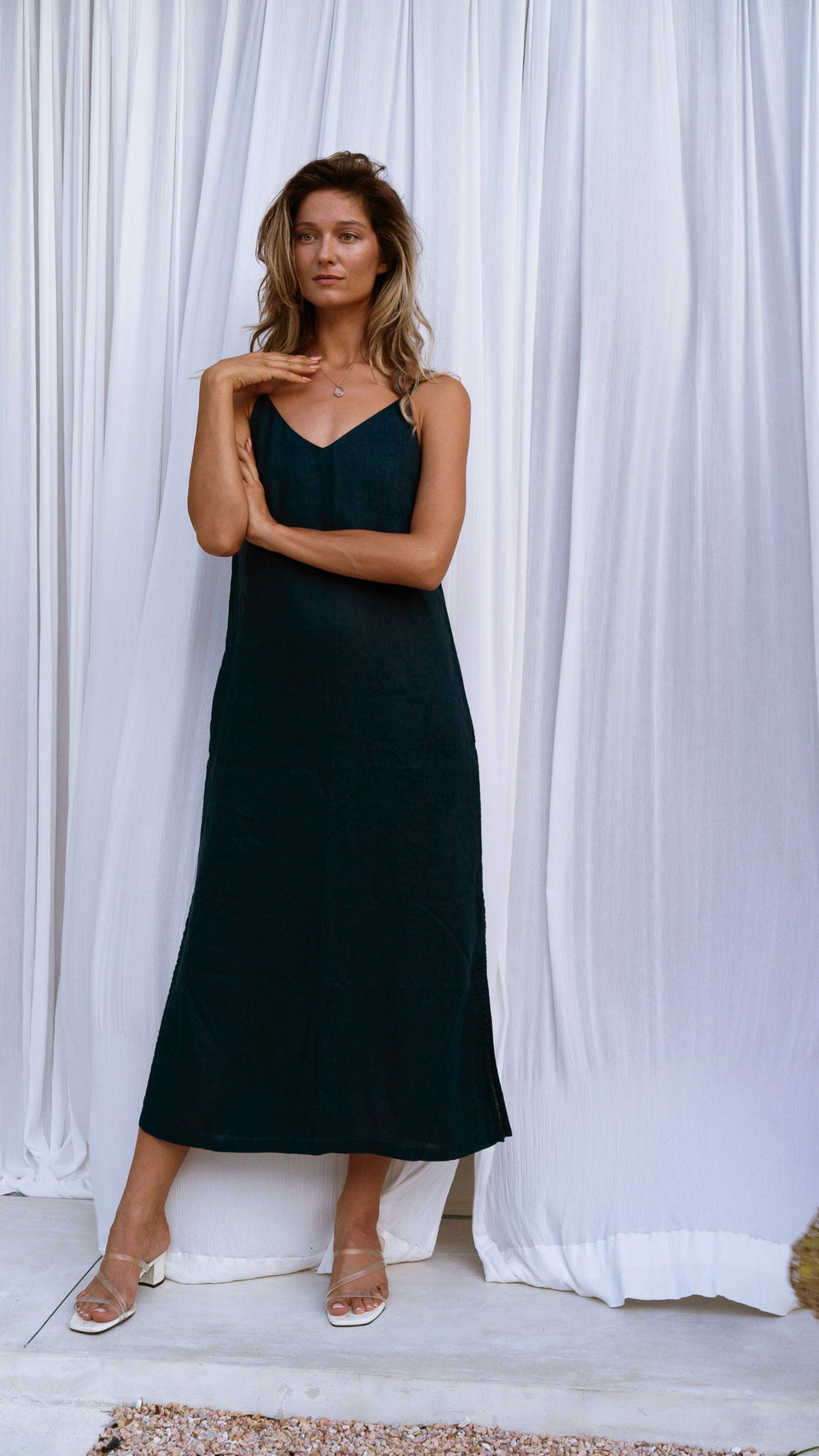 Navy linen midi slip dress Anka