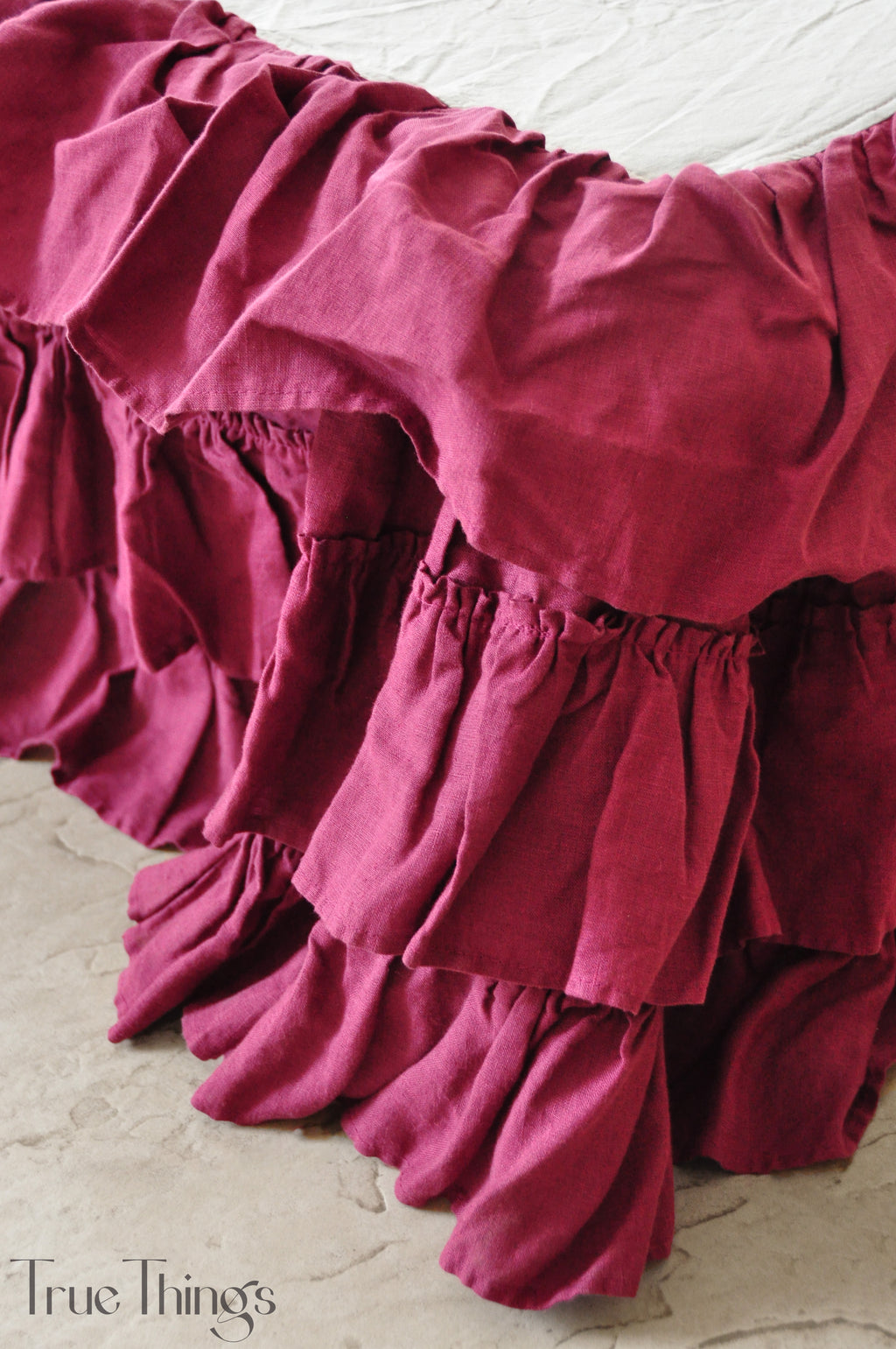 Raspberry linen ruffled bed skirt