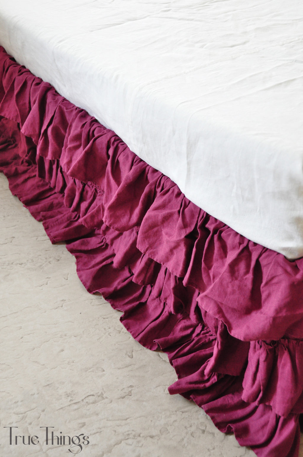 Raspberry linen ruffled bed skirt