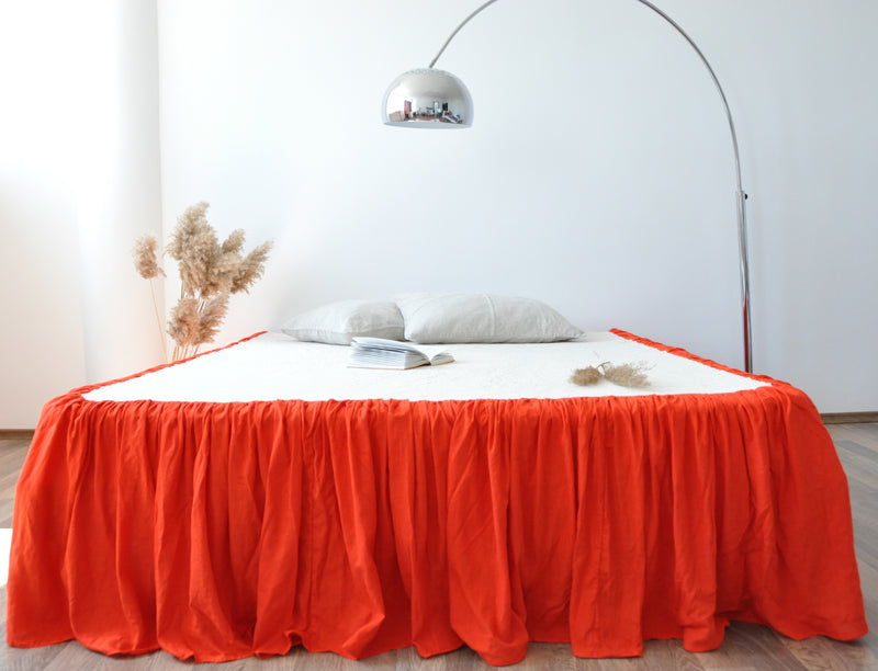 Bright orange linen ruffle bed skirt