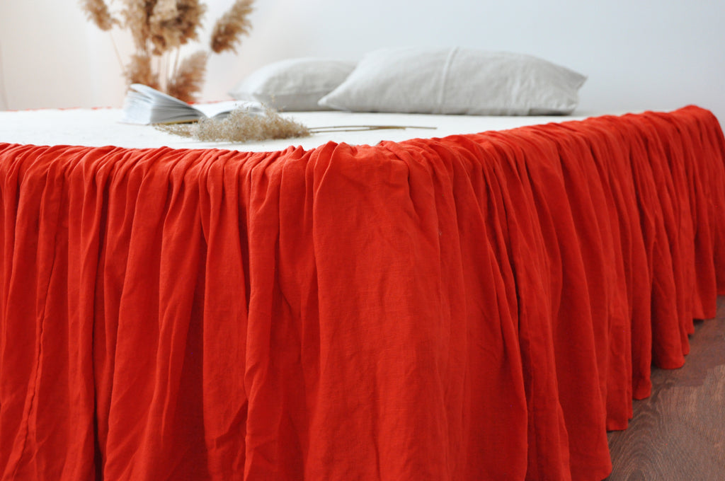 Bright orange linen ruffle bed skirt