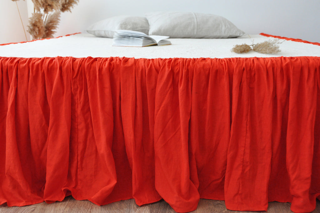Bright orange linen ruffle bed skirt