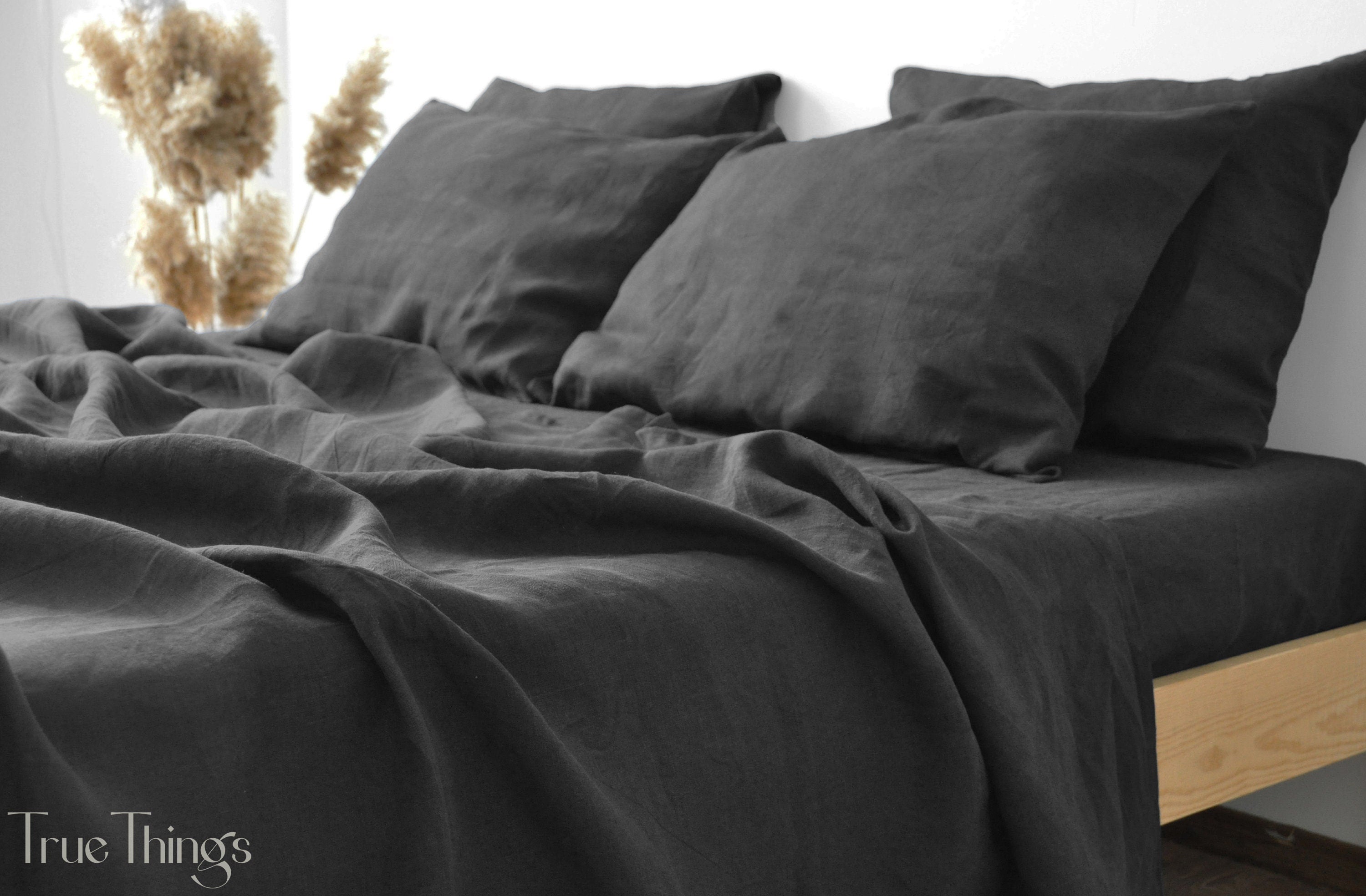 READY TO SHIP 1 Charcoal linen fitted sheet and 2 pillowcases Fitted sheet Softened linen sheet Stonewashed linen