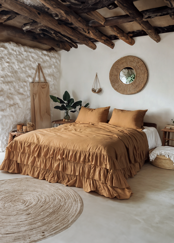 Clay linen triple ruffled duvet cover