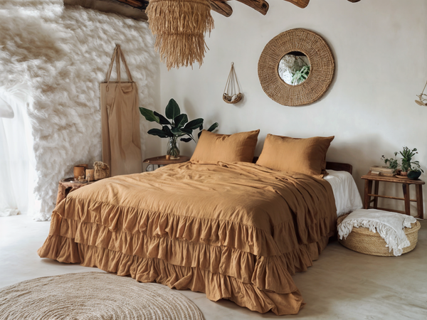 Clay linen triple ruffled duvet cover