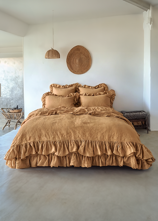 Clay linen double ruffled bedding set