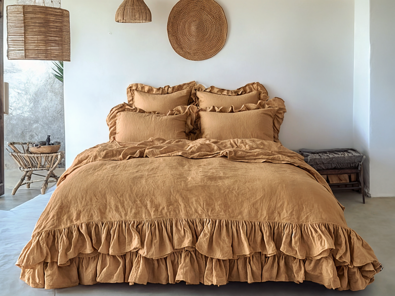 Clay linen triple ruffled duvet cover