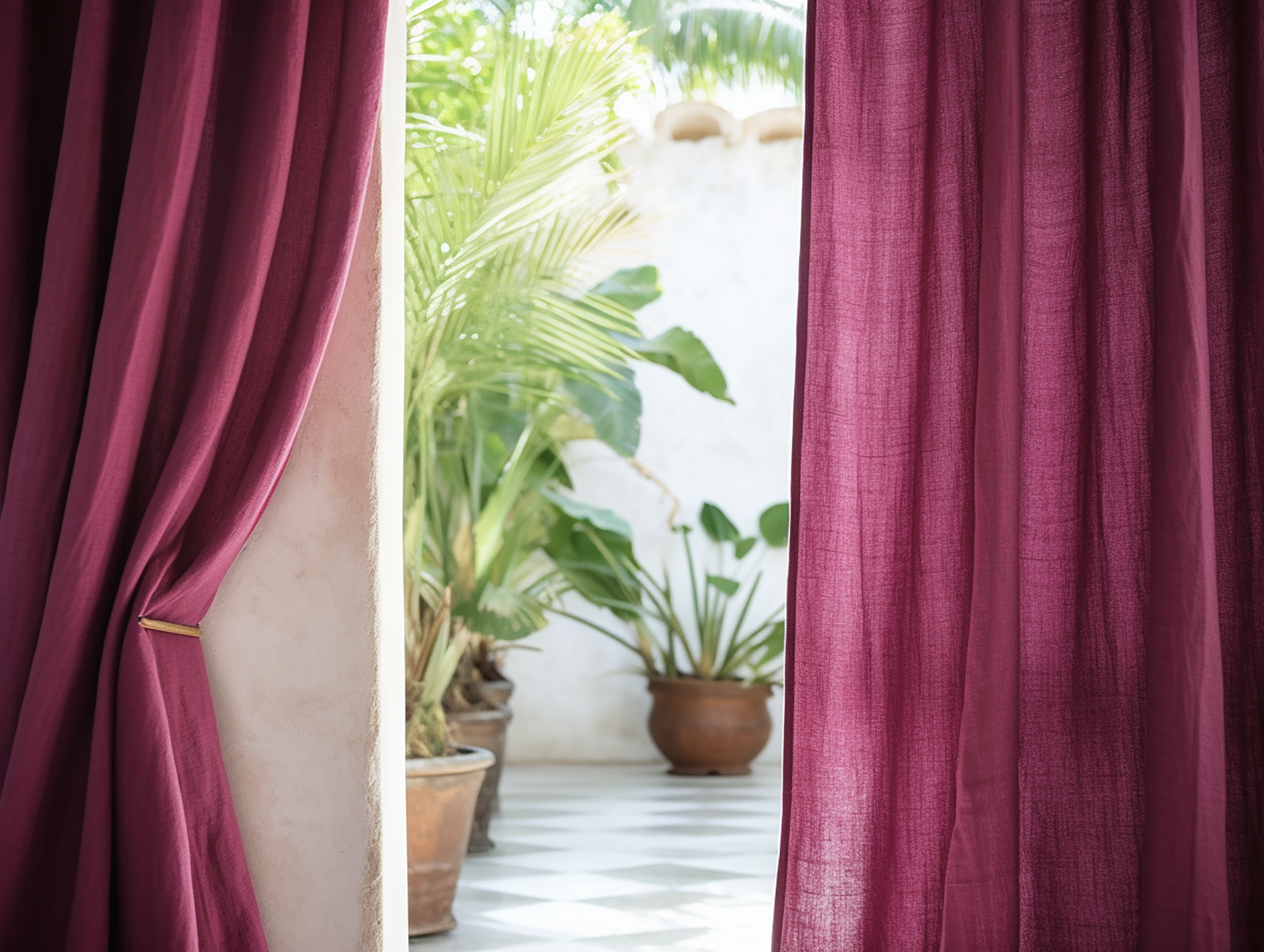 Raspberry linen curtains – True Things