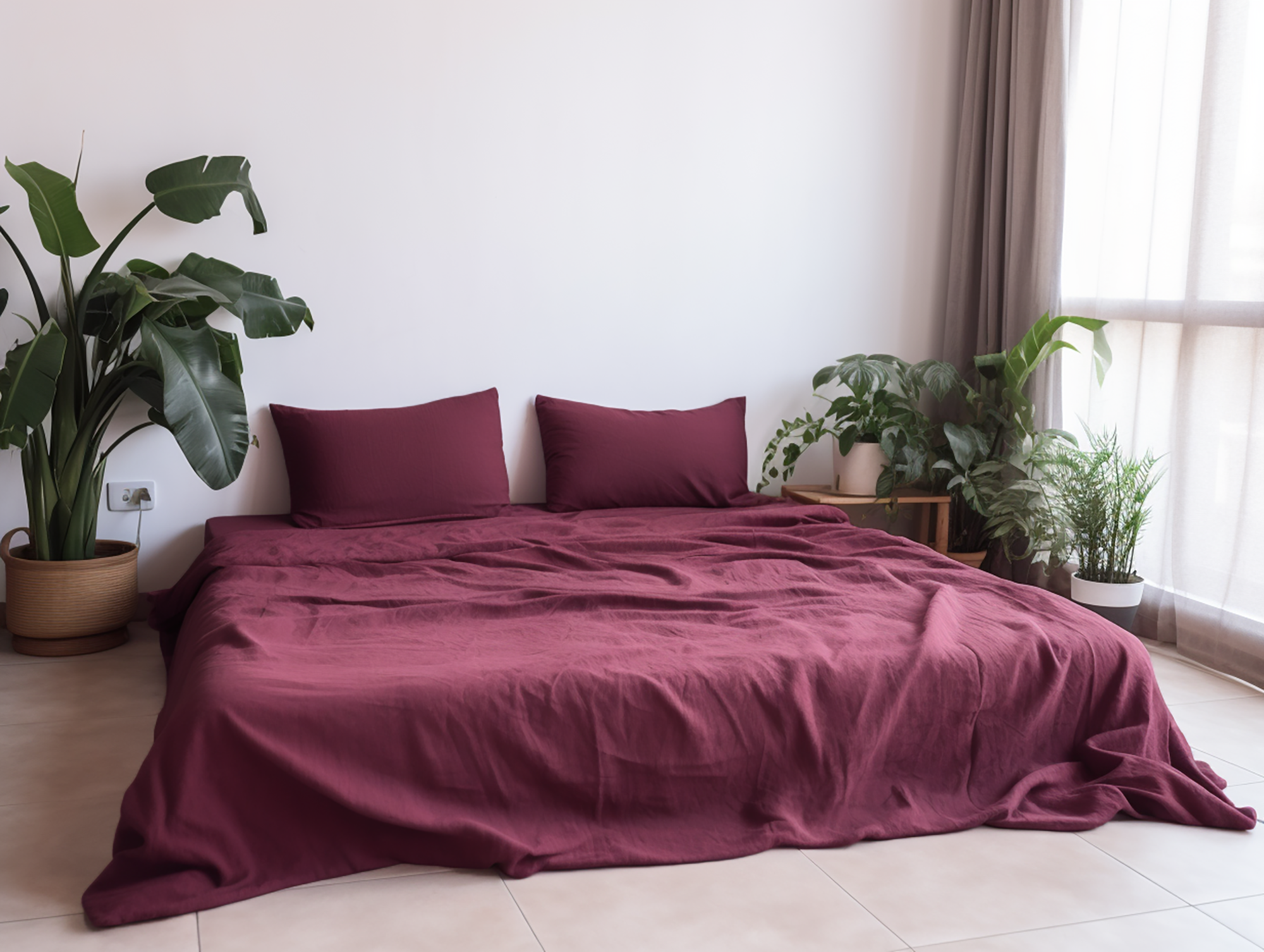 Drap plat en lin bordeaux