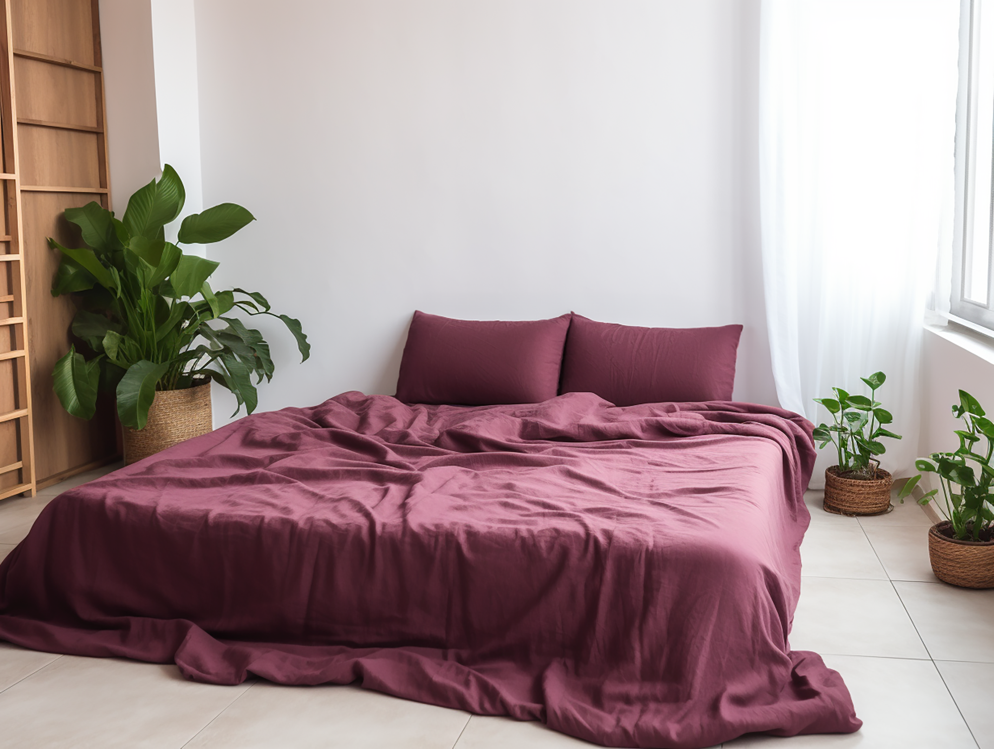 Burgundy linen sheet set