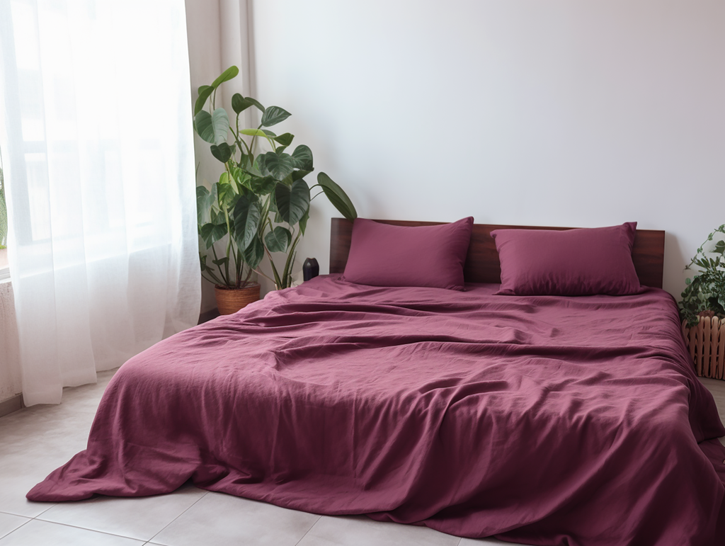 Drap plat en lin bordeaux