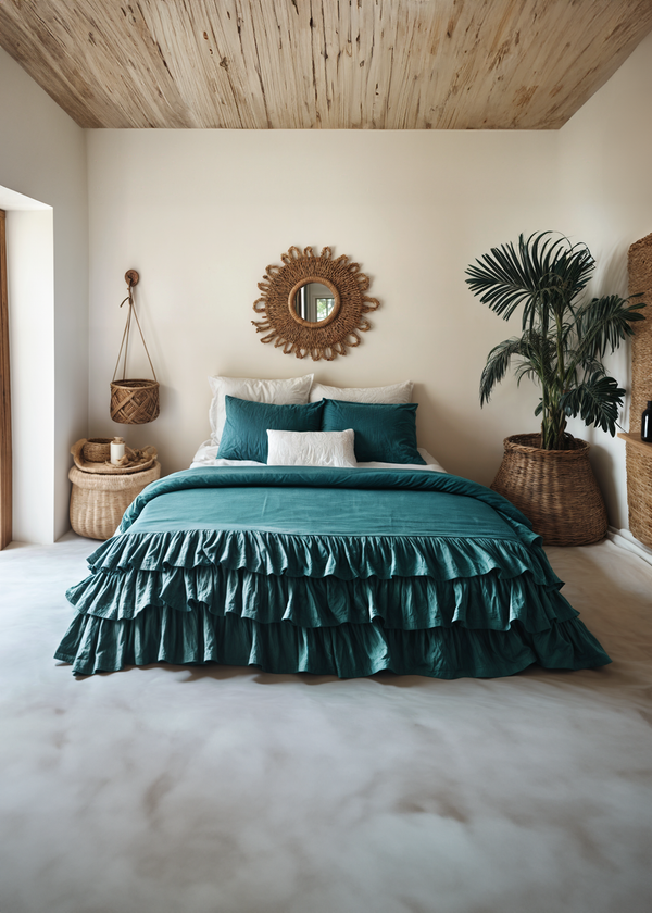 Teal linen triple ruffled bedding set