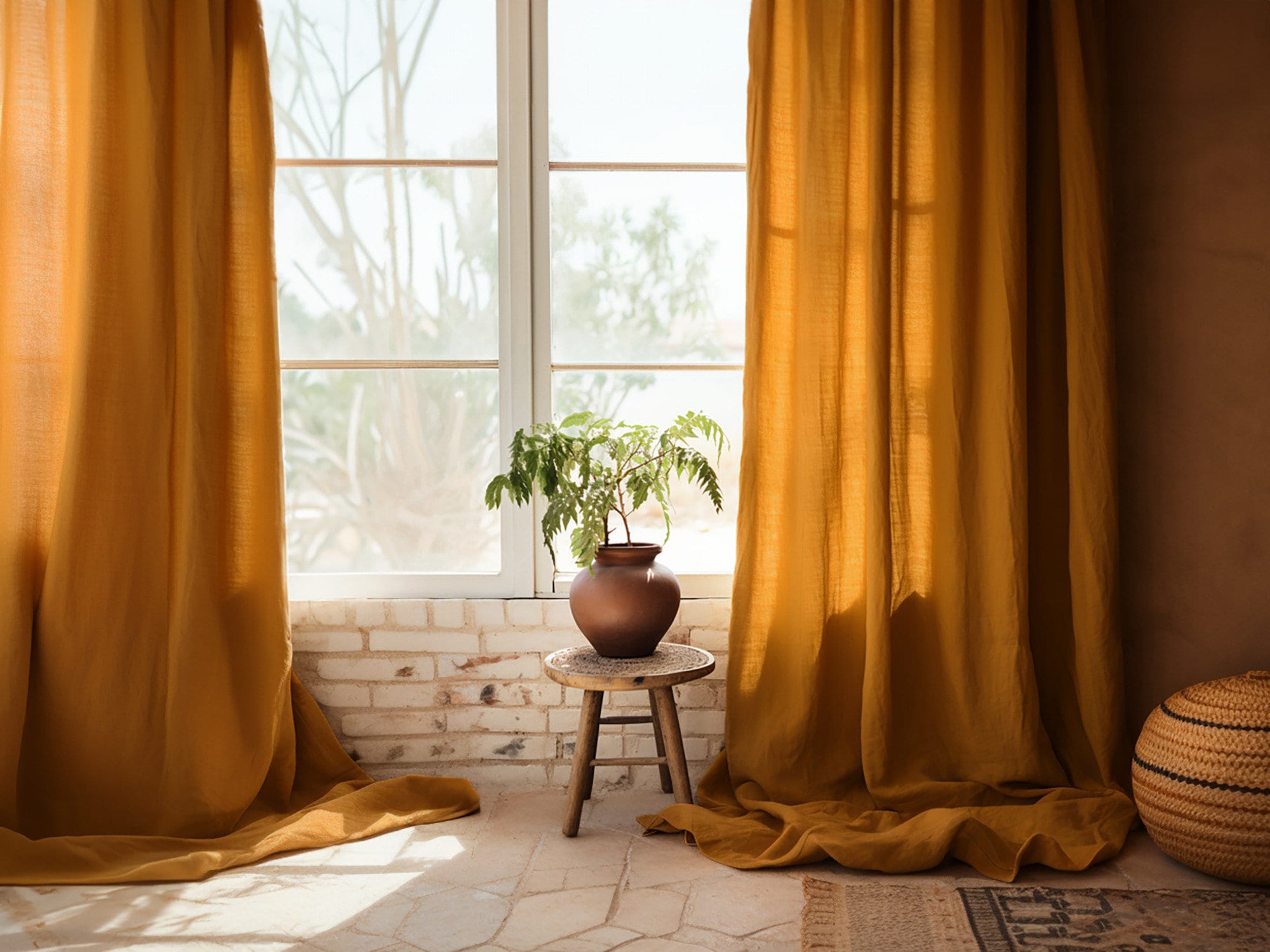 READY TO SHIP Ochre linen curtains 2 panels Cotton lining Medium weight linen Custom size
