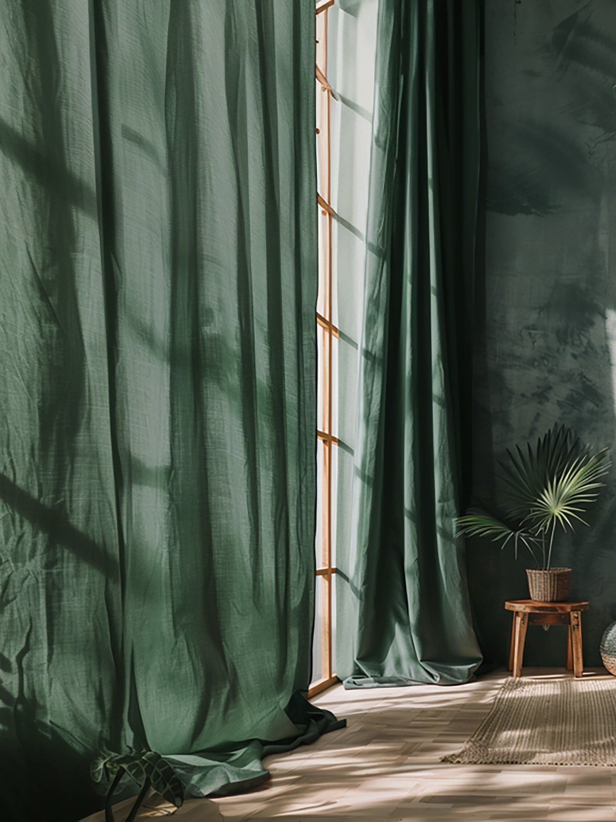 READY TO SHIP Pine green blackout linen curtains with rod pocket 2 panels Blackout lining Medium weight linen