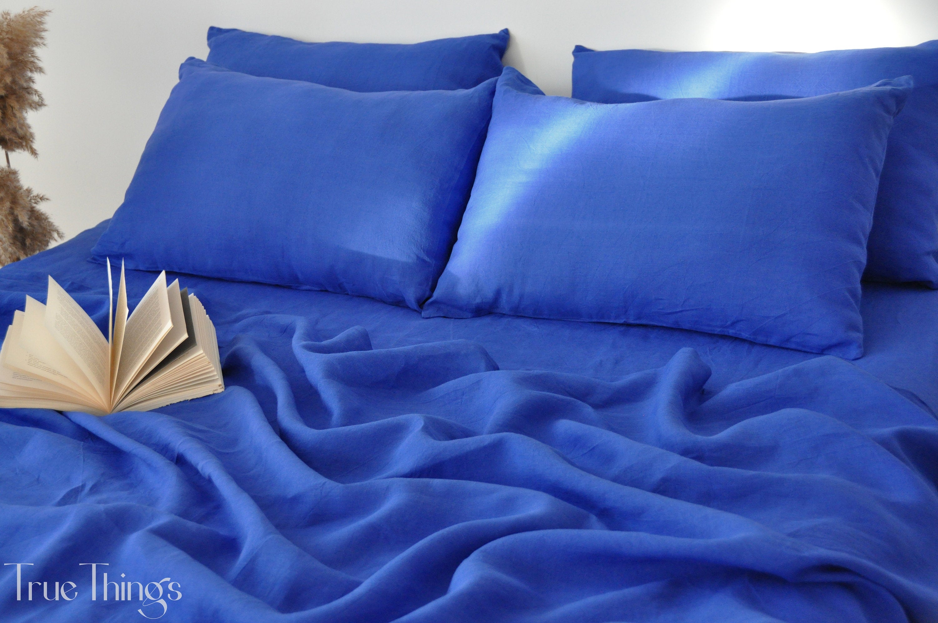 READY TO SHIP from Florida 1 Royal blue 1 flat sheet and 1 fitted sheet and 2 pillowcases Softened linen sheet Stonewashed linen