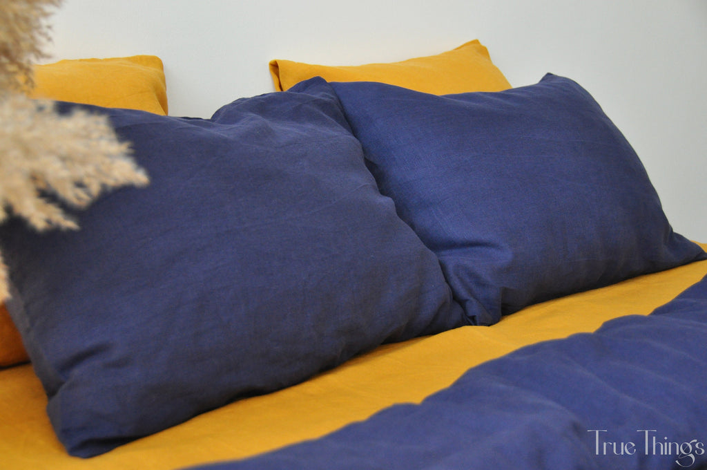 READY TO SHIP Indigo linen pillowcase 2 Dark blue pillow cover King Queen Standard Euro Decorative Lumbar, Custom size Envelope closure