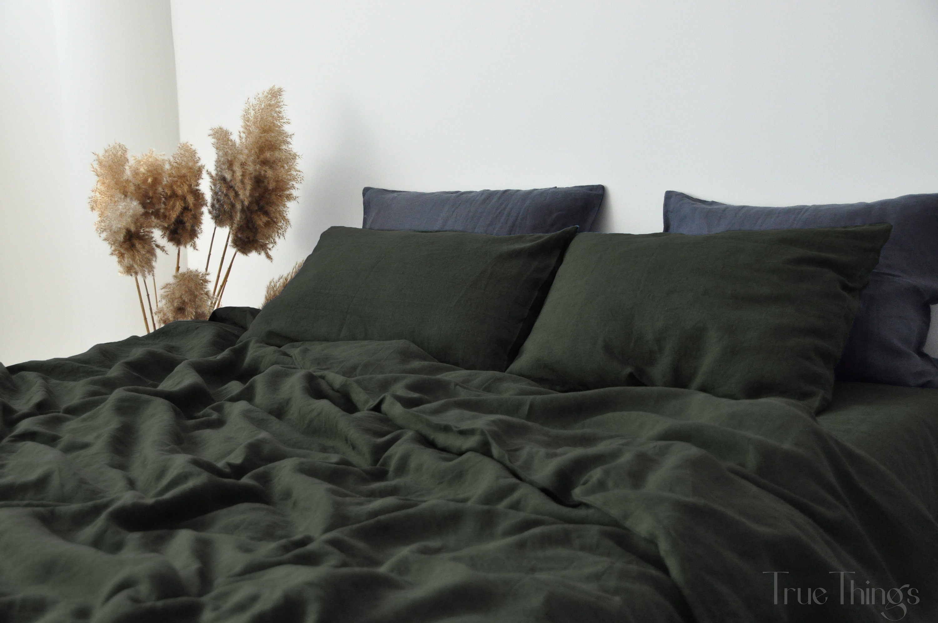 READY TO SHIP Charcoal green linen duvet cover 1 duvet cover Softened linen Comforter cover Coconut buttons Ribbon ties   Hidden closure