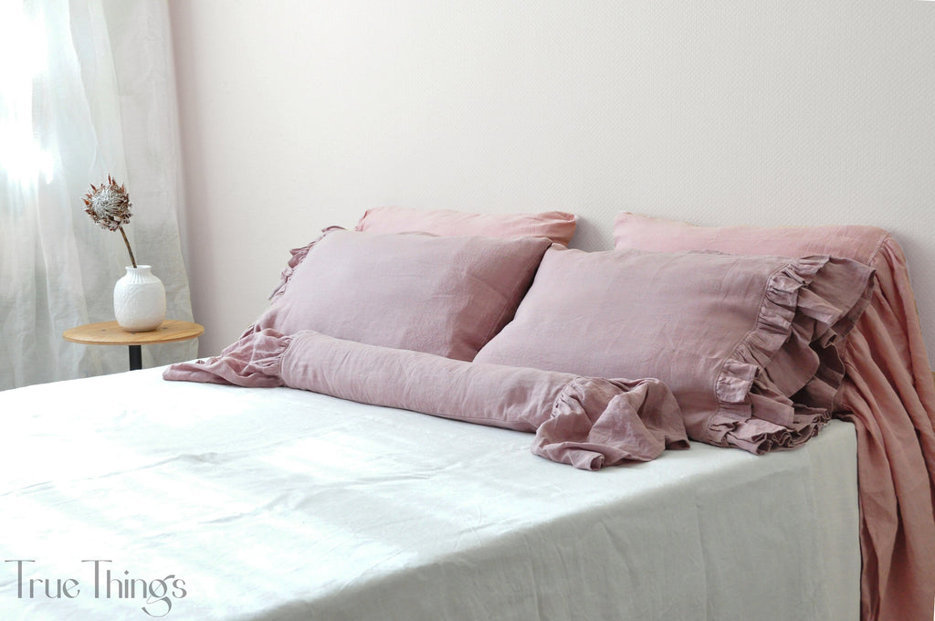 READY TO SHIP Woodrose linen pillowcase with double ruffles on one side Square size Ribbon ties closure