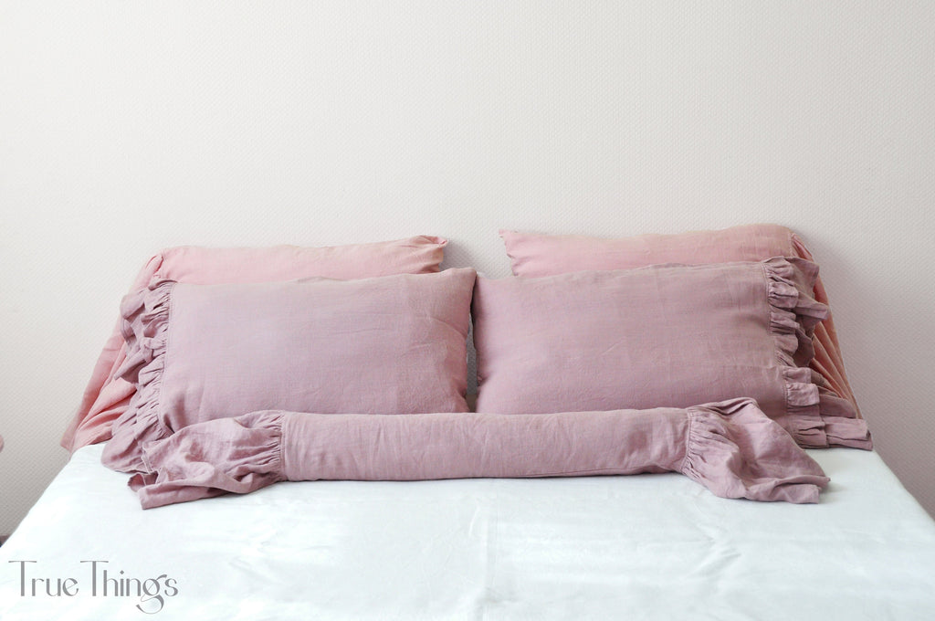 READY TO SHIP Woodrose linen pillowcase with double ruffles on one side Square size Ribbon ties closure