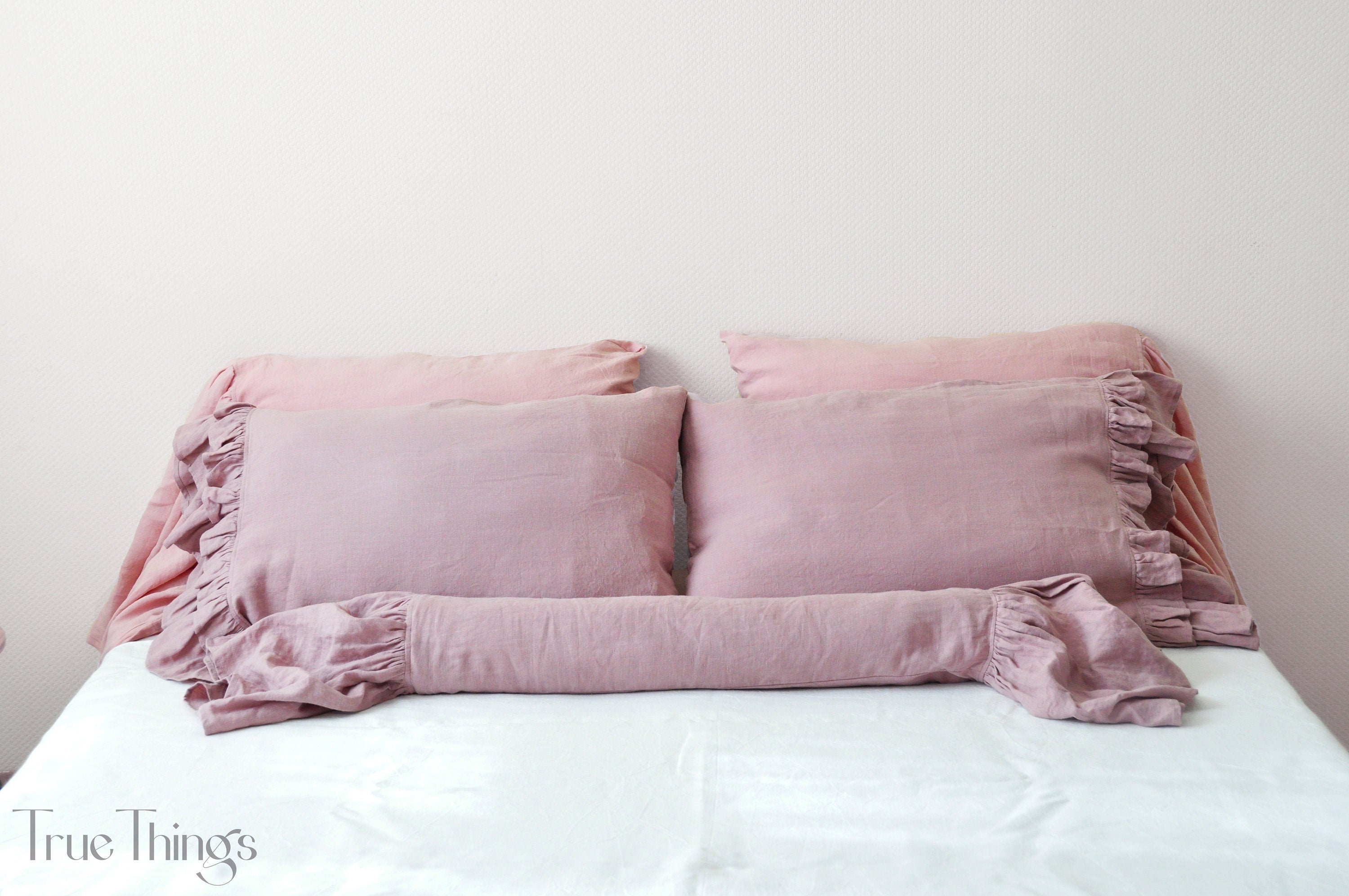 READY TO SHIP Woodrose linen pillowcase with double ruffles on one side Square size Ribbon ties closure