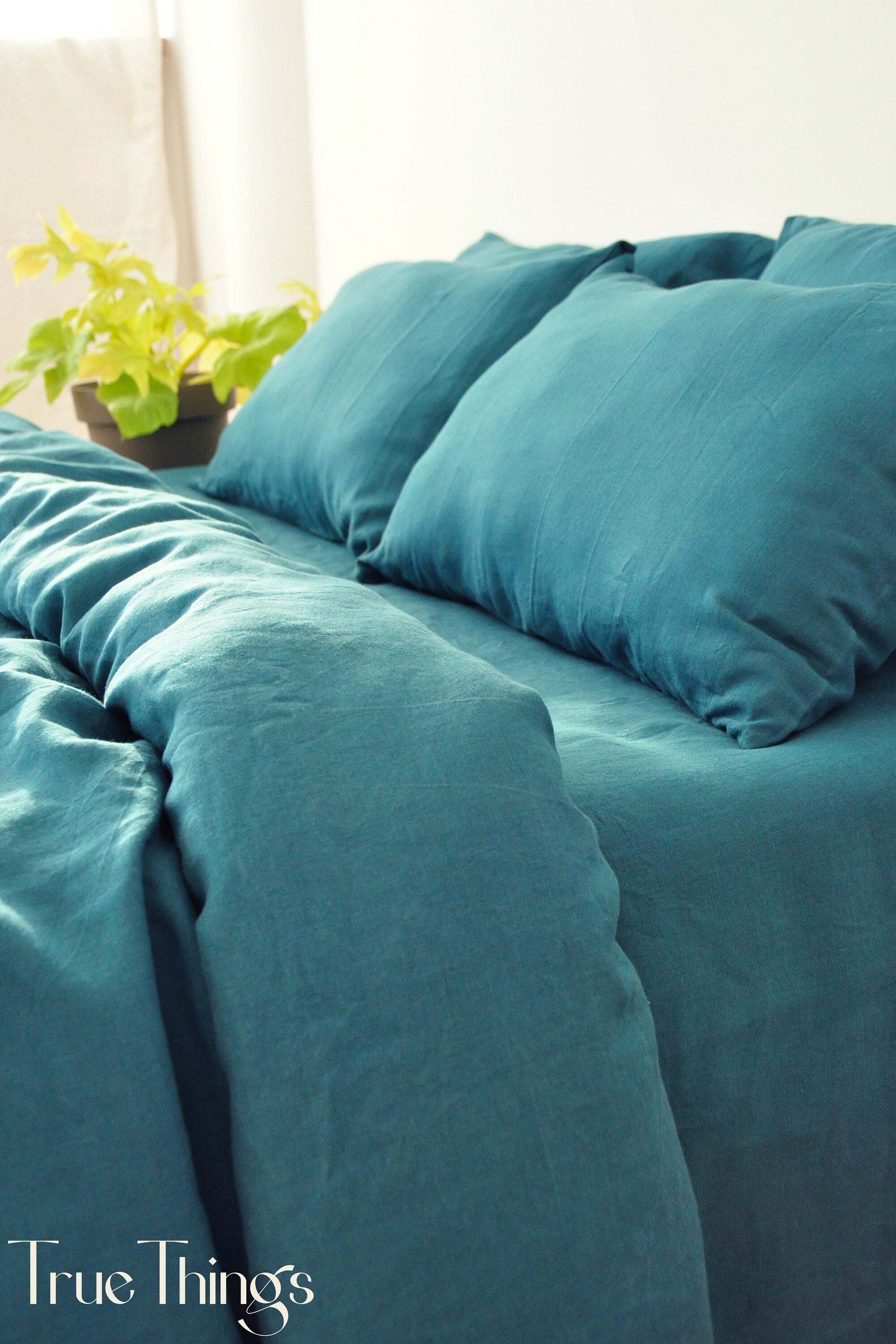 READY TO SHIP Teal linen duvet cover 1 duvet cover Softened linen Comforter cover Coconut buttons Ribbon ties   Hidden closure Stonewashed