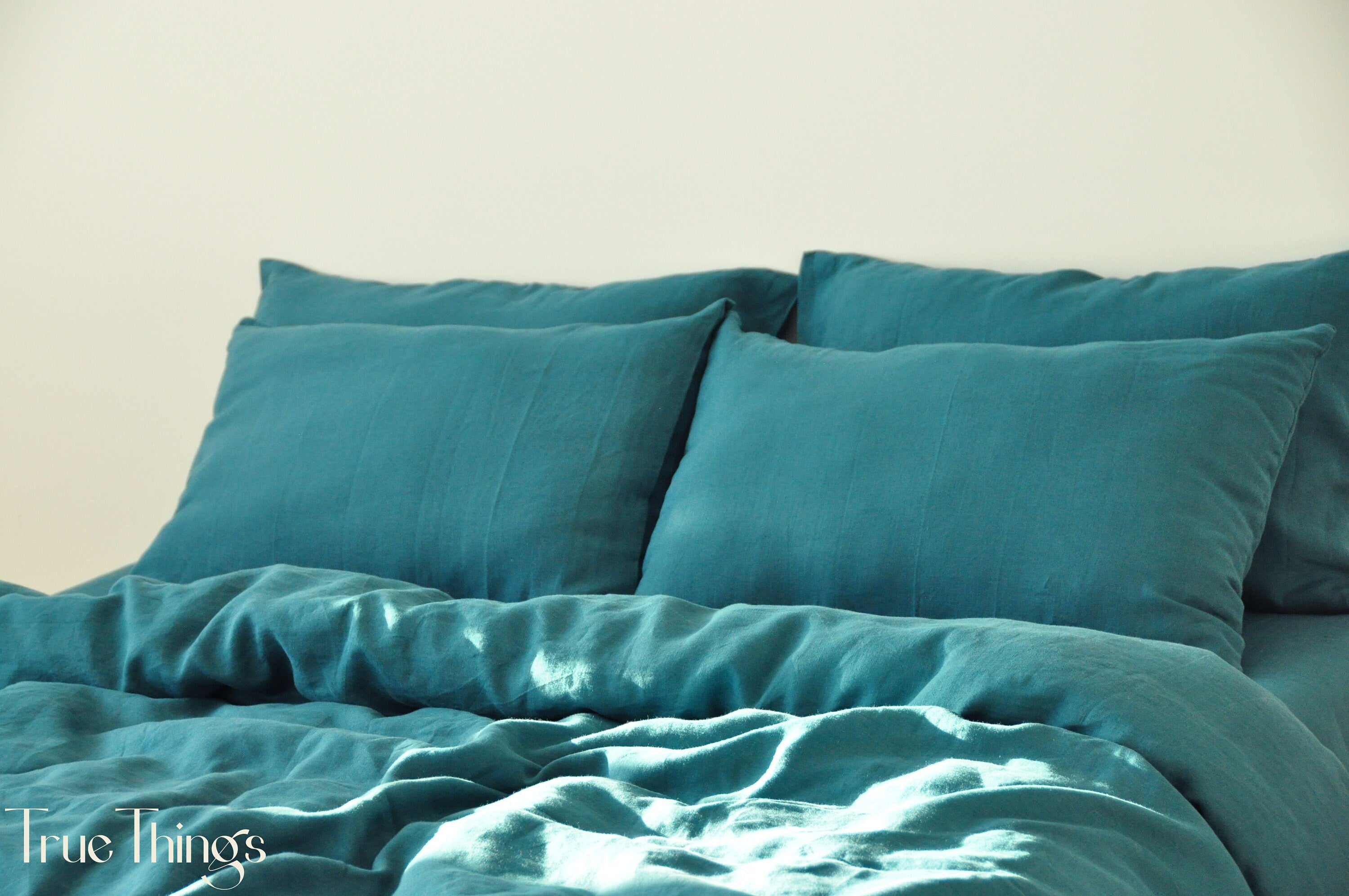 READY TO SHIP Teal linen duvet cover 1 duvet cover Softened linen Comforter cover Coconut buttons Ribbon ties   Hidden closure Stonewashed
