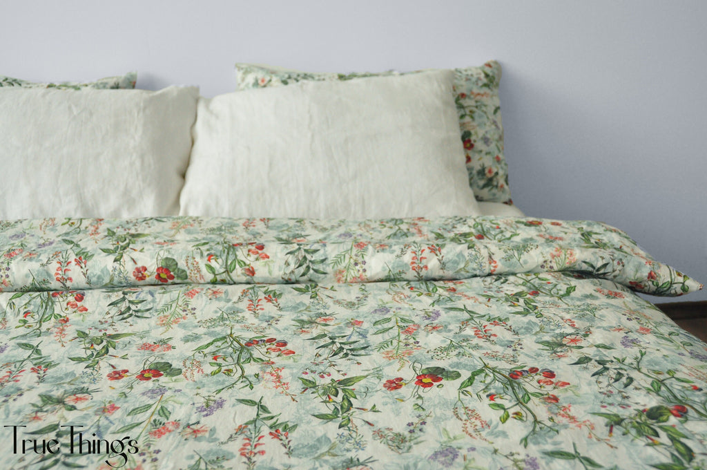 READY TO SHIP / Floral linen bedding set / Queen duvet cover + 2 Queen pillowcases with floral print / Comforter cover set / Softened linen