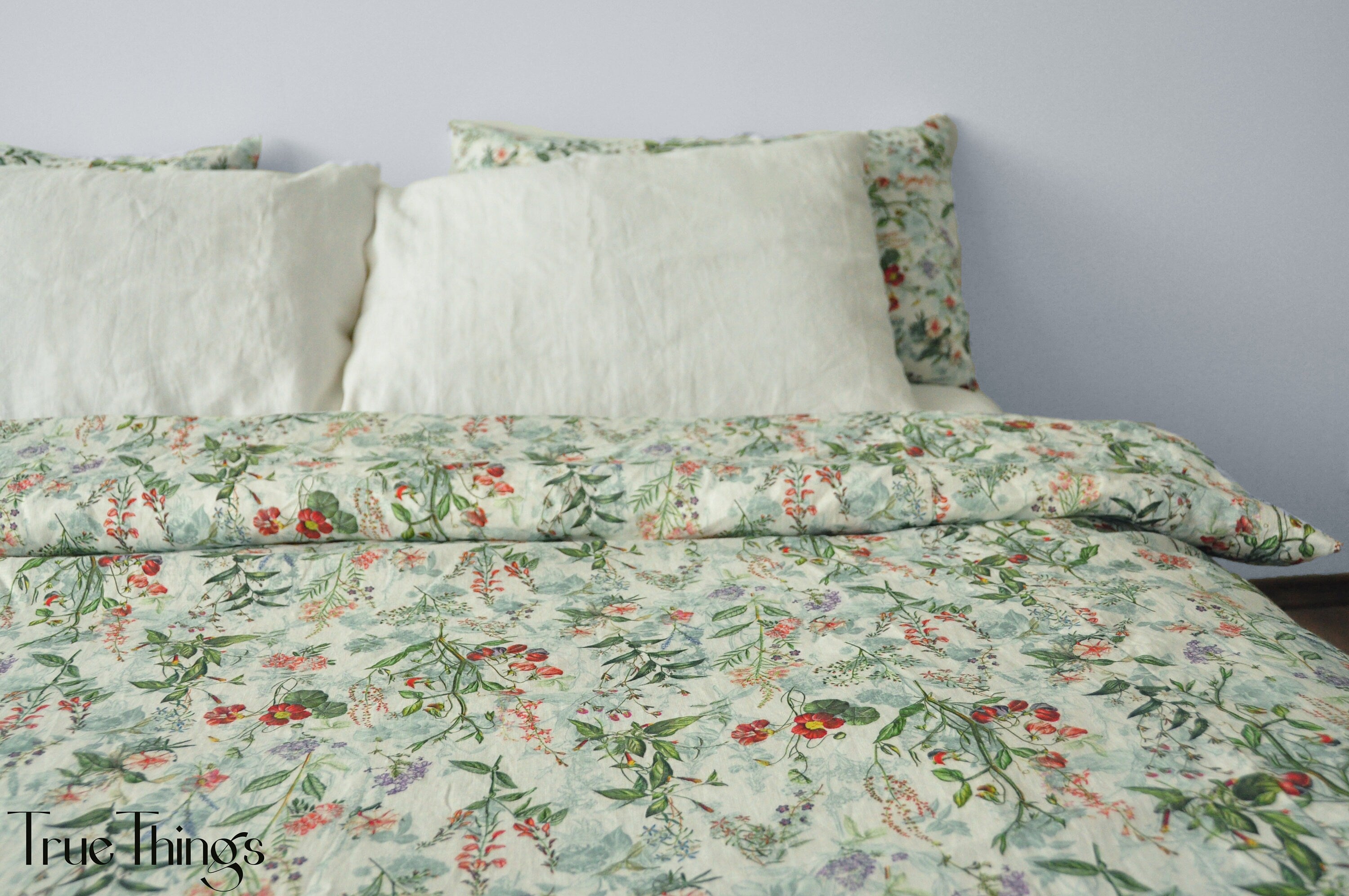 READY TO SHIP / Floral linen bedding set / Queen duvet cover + 2 Queen pillowcases with floral print / Comforter cover set / Softened linen