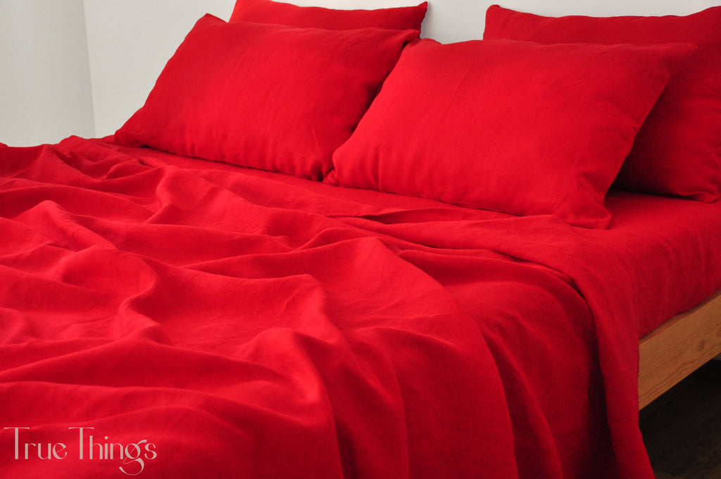 READY TO SHIP Scarlet red linen fitted sheet Queen size fitted sheet Softened linen sheet Stonewashed linen Linen bedsheet