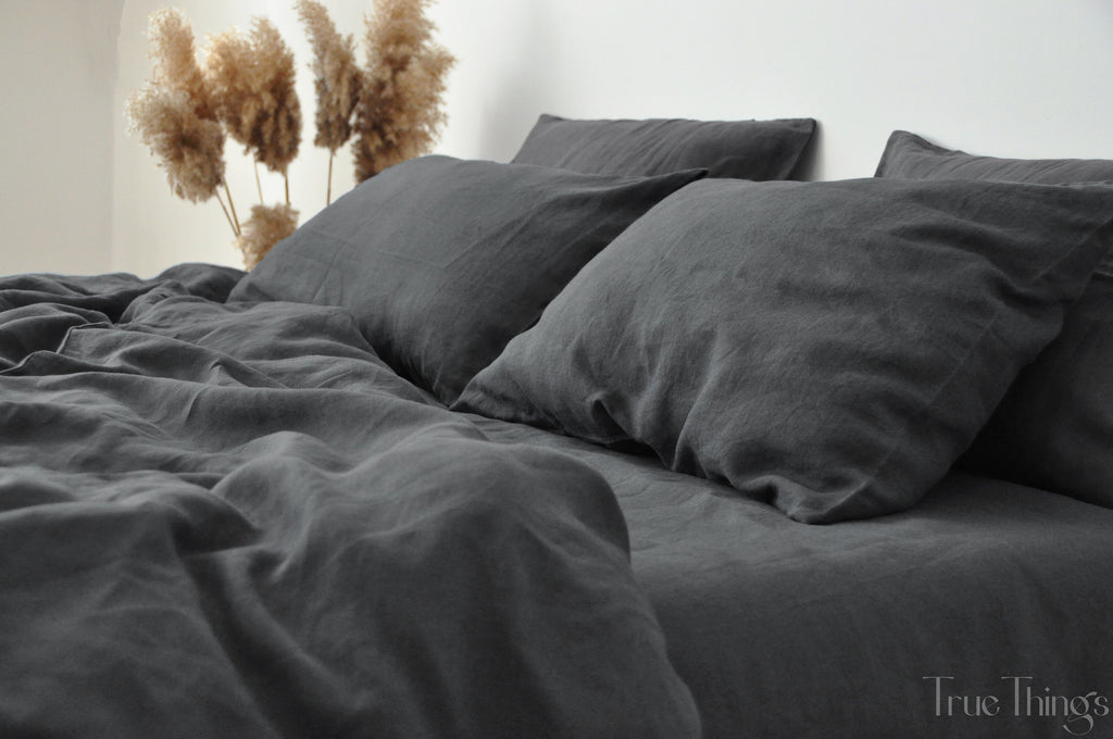 READY TO SHIP Charcoal linen duvet cover 1 duvet cover Softened linen Washed black comforter cover Quilt cover Ribbon ties