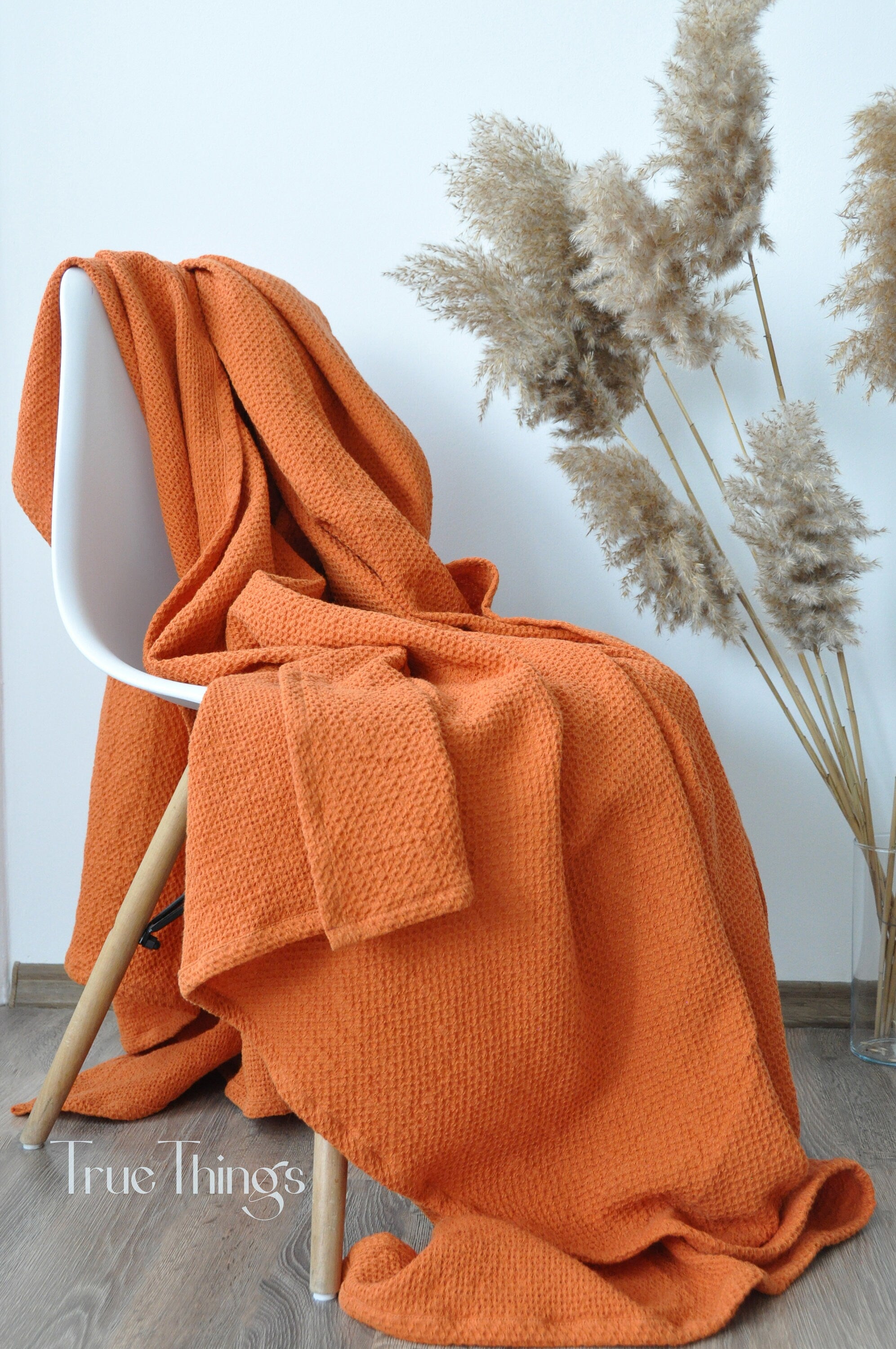 READY TO SHIP Rust waffle linen coverlet Softened linen Heavy weight TwinXL size orange bed cover
