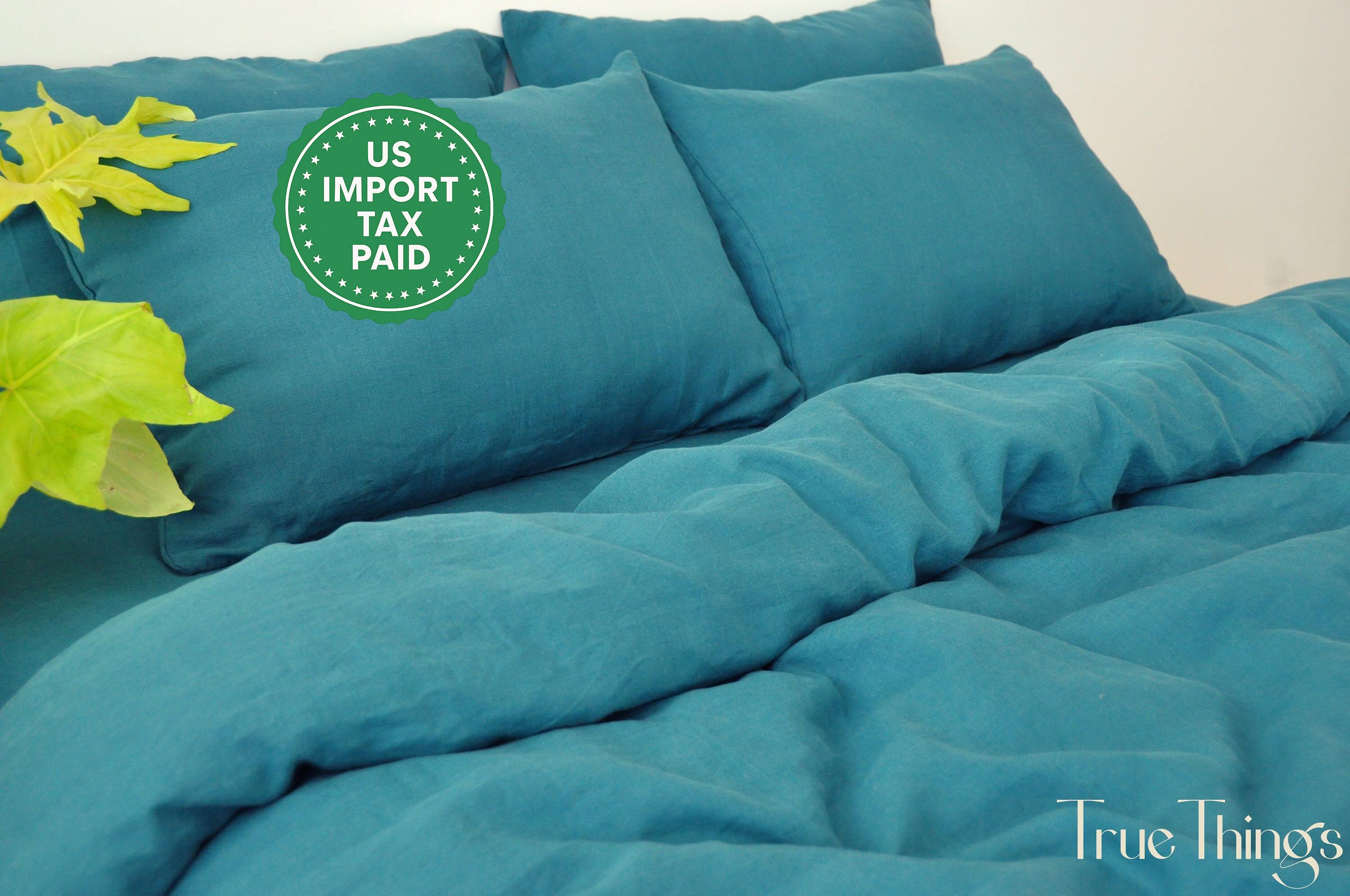 READY TO SHIP Teal linen duvet cover 1 duvet cover Softened linen Comforter cover Coconut buttons Ribbon ties   Hidden closure Stonewashed