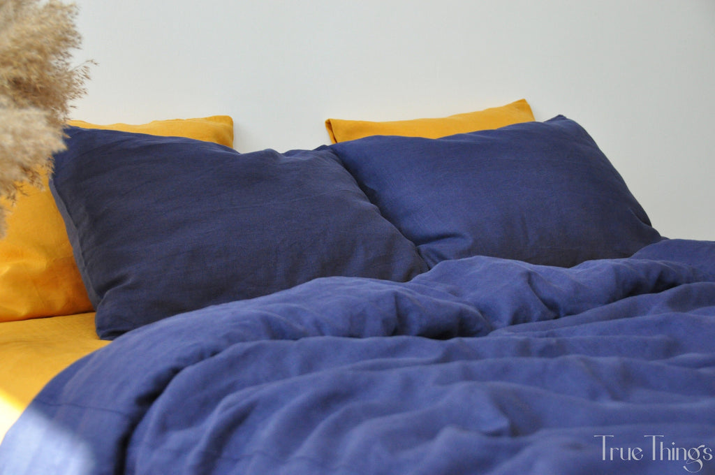 READY TO SHIP Indigo linen pillowcase 2 Dark blue pillow cover King Queen Standard Euro Decorative Lumbar, Custom size Envelope closure